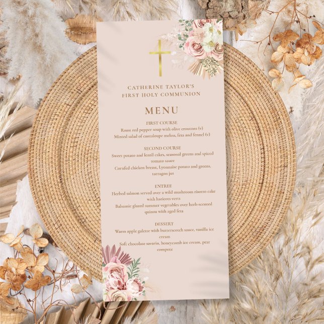 Pampas Grass Floral Erste Heilige Kommune Menükarte (Pampas Grass Floral First Holy Communion Menu)