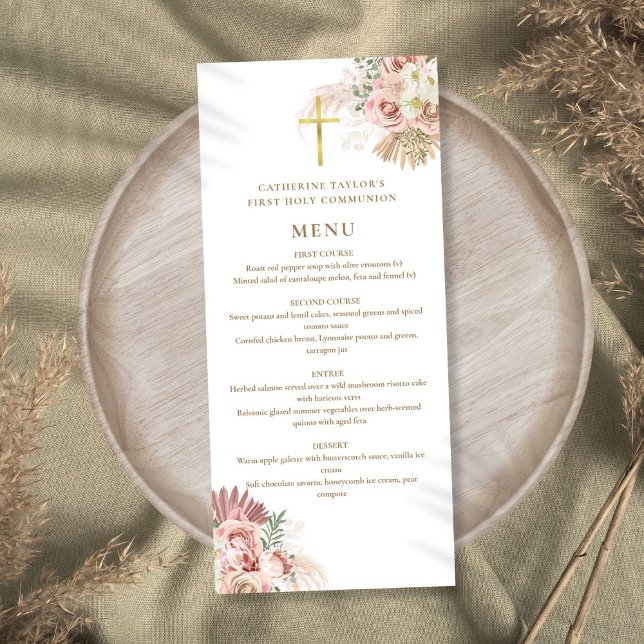 Pampas Grass Floral Erste Heilige Kommune Menükarte (Pampas Grass Floral First Holy Communion Menu)