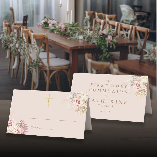 Pampas Grass Floral Erste Heilige Kommune Platzkarte (Pampas Grass Floral First Holy Communion Place Card)