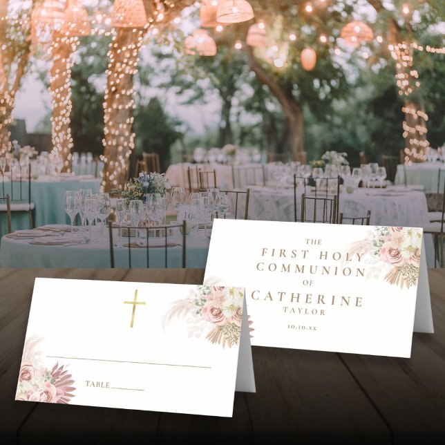 Pampas Grass Floral Erste Heilige Kommune Platzkarte (Pampas Grass Floral First Holy Communion Place Card)
