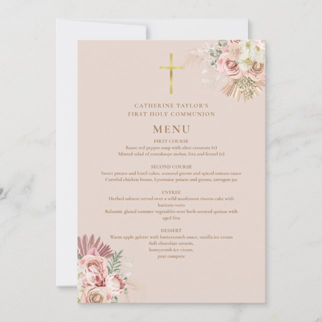 Pampas Grass Floral Erste Heilige Kommunion Menü Einladung (Vorderseite)