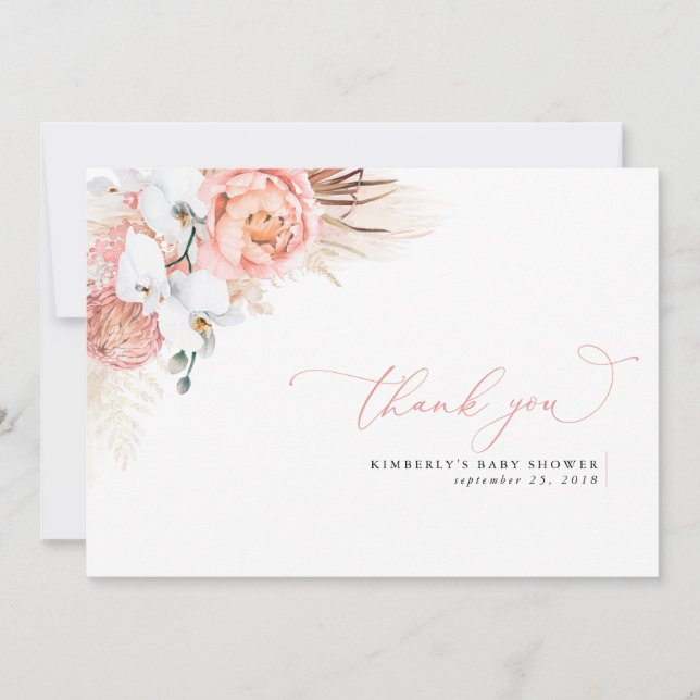 Pampas Grass Floral Pink Baby Dusche Vielen Dank Dankeskarte (Vorderseite)