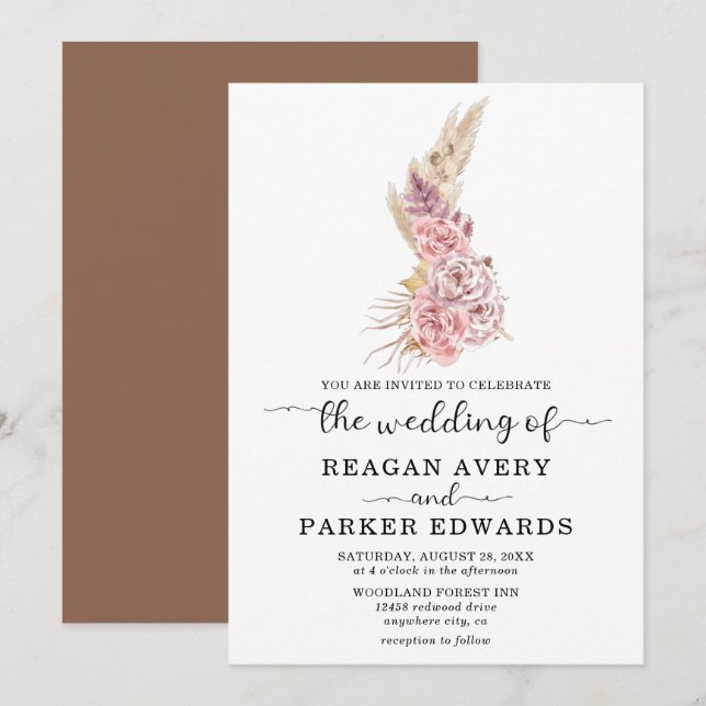 Pampas Grass Floral Rose Lila Hochzeit Einladung (Vorne/Hinten)
