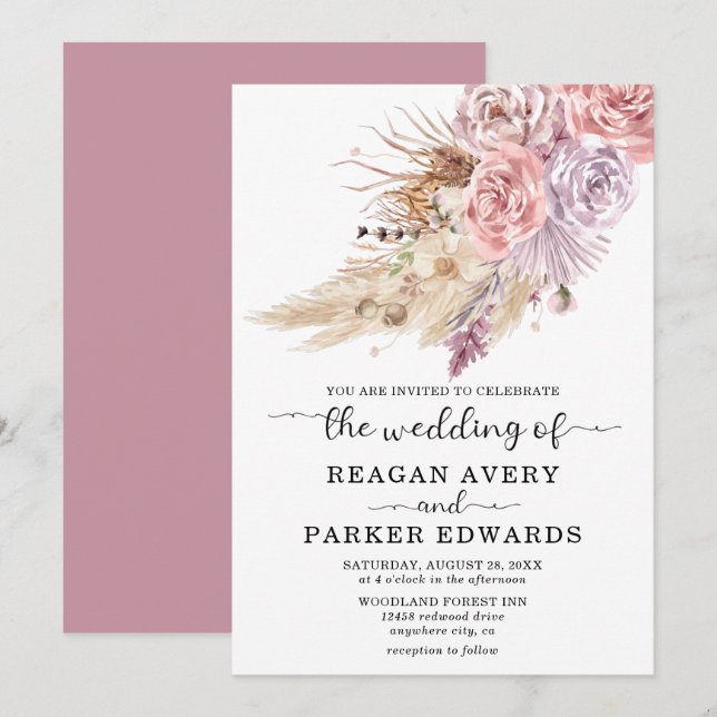 Pampas Grass Floral Rose und Lila Hochzeit Einladung (Vorne/Hinten)