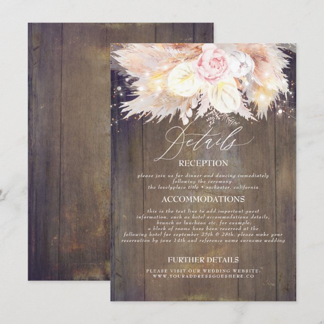 Pampas Grass Floral rustikales Holz Hochzeiten Det Begleitkarte (Vorne/Hinten)