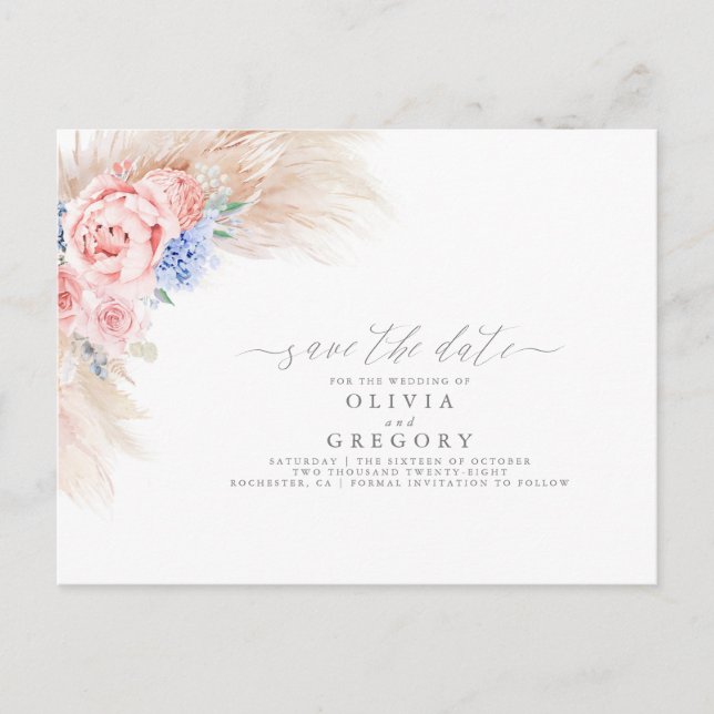 Pampas Grass Floral Save the Date Ankündigungspostkarte (Vorderseite)