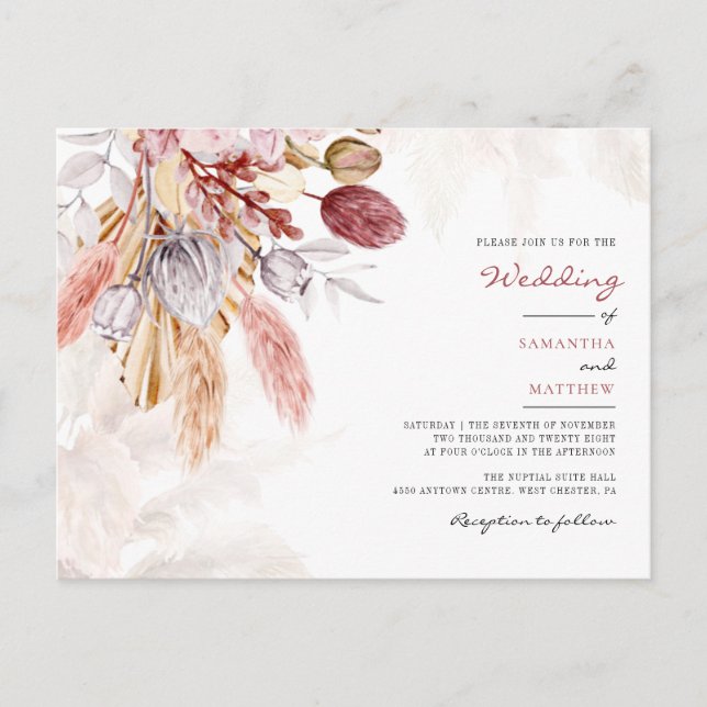Pampas Grass Floral Tan Rustikale Hochzeit Einladungspostkarte (Vorderseite)
