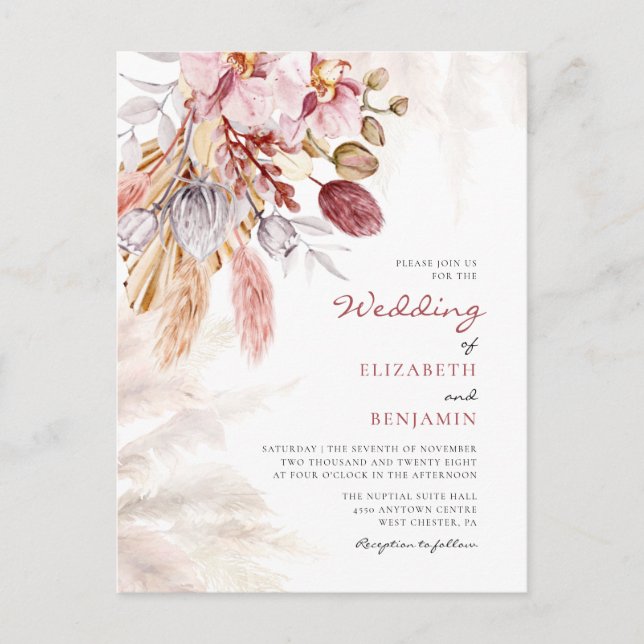 Pampas Grass Floral Tan Terracotta Wedding Einladungspostkarte (Vorderseite)