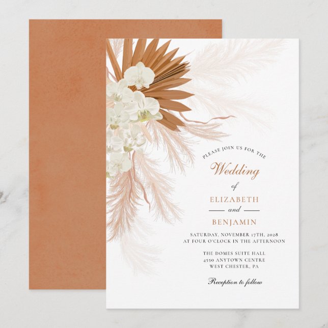 Pampas Grass Floral Tan Wedding Einladung (Vorne/Hinten)