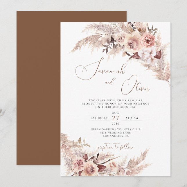 Pampas Grass Floral Terracotta Bohemische Hochzeit Einladung (Vorne/Hinten)