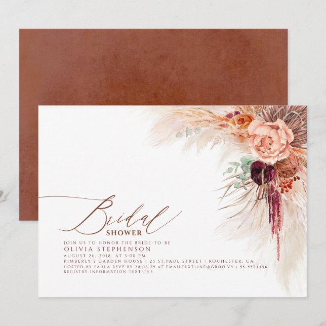 Pampas Grass Floral Terracotta Brautparty Einladung (Vorne/Hinten)