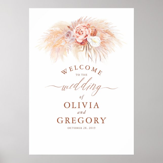 Pampas Grass Floral Terracotta Hochzeit Willkommen Poster (Vorne)