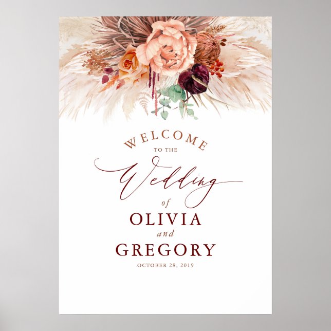 Pampas Grass Floral Terracotta Hochzeit Willkommen Poster (Vorne)