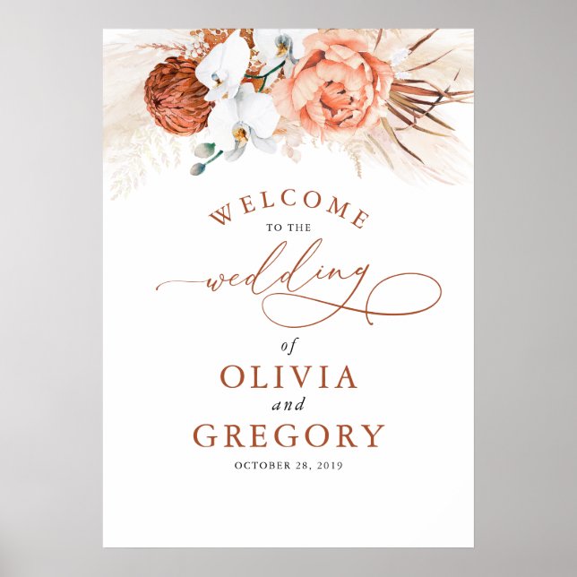 Pampas Grass Floral Terracotta Hochzeit Willkommen Poster (Vorne)