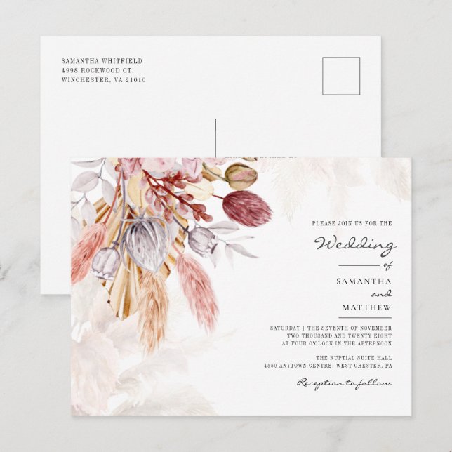 Pampas Grass Floral Terracotta Rustikale Hochzeit Einladungspostkarte (Vorne/Hinten)