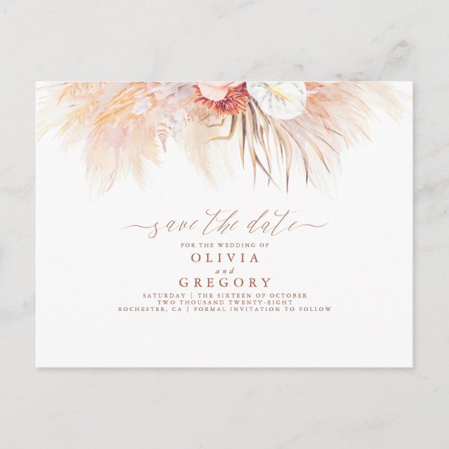 Pampas Grass Floral Terracotta Save the Date Ankündigungspostkarte (Vorderseite)