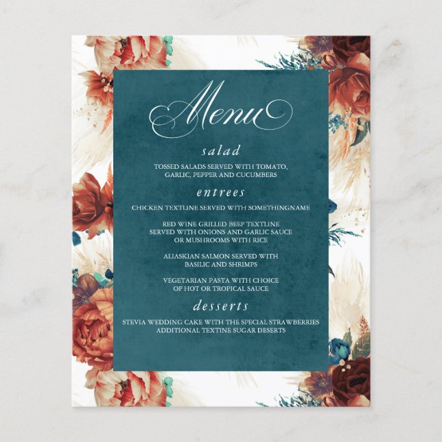 Pampas Grass Floral Terracotta Teal Blue Menu Flyer (Vorne)