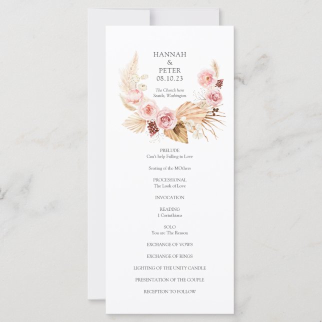 Pampas Grass Floral Wasserfarbe Hochzeitsprogramm (Vorderseite)