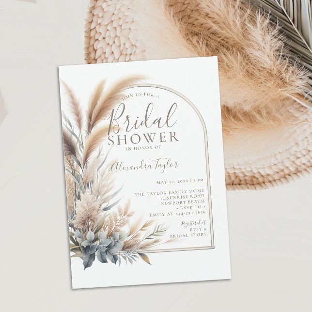 Pampas Grass Getrocknete Blume Boho Arch Brautpart Einladung (pampas grass bridal shower invitation boho arch dried flowers muted greens white minimalist bohemian)