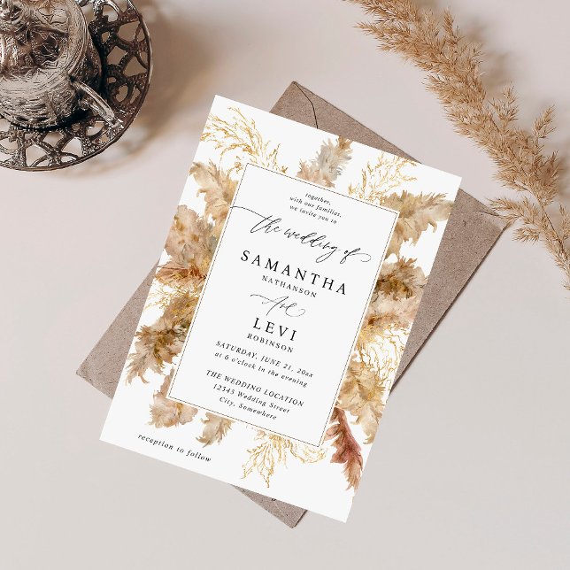 Pampas Grass & Gold Boho Wedding Einladung (Von Creator hochgeladen)