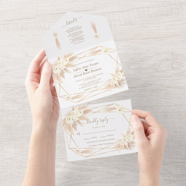 Pampas Grass Gold Monogram All in one Wedding A All In One Einladung (Abreißen)