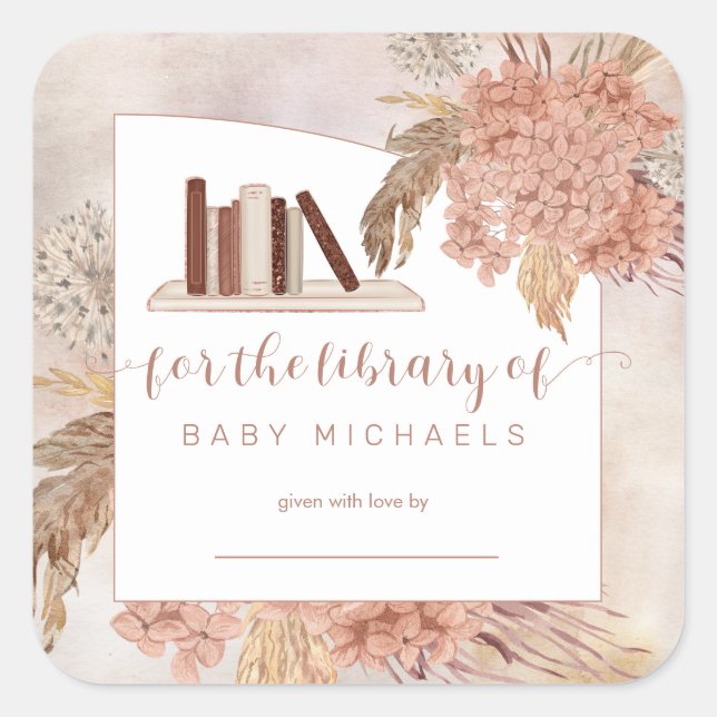 Pampas Grass | Hydrangeas Baby Dusche Buchzeichen Quadratischer Aufkleber (Vorderseite)