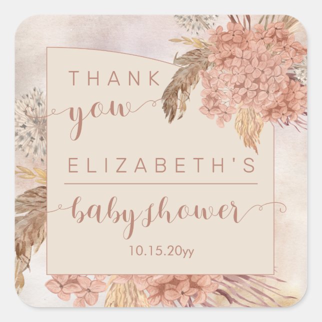 Pampas Grass | Hydrangeas Babydusche Vielen Dank Quadratischer Aufkleber (Vorderseite)
