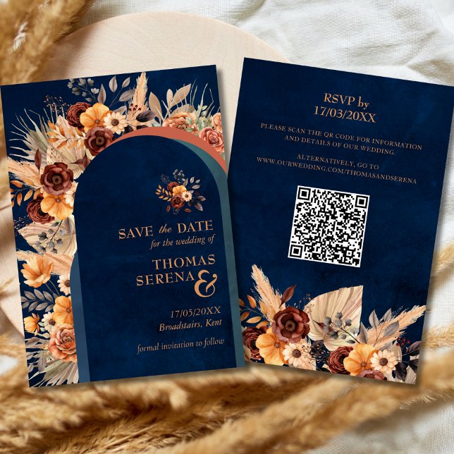 Pampas Grass Navy Blue speichert den Date QR Code Einladung (Von Creator hochgeladen)