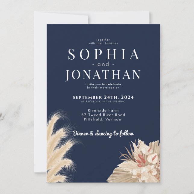 Pampas Grass Navy Blue Wedding Moderner Chic Einladung (Vorderseite)