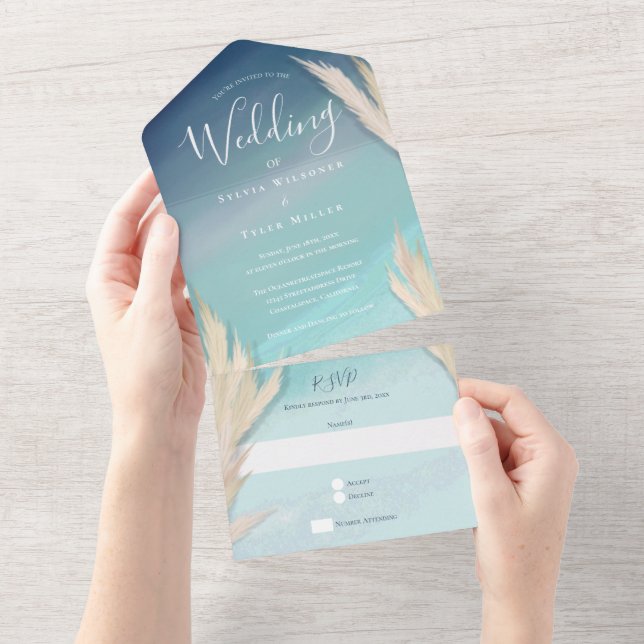 Pampas Grass Ocean Beach Hochzeit All In One Einladung (Abreißtisch)