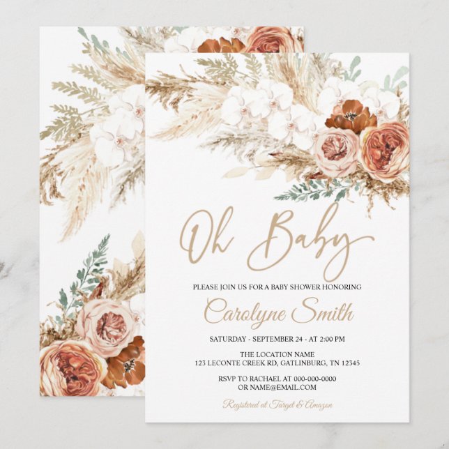 Pampas Grass Oh Baby shower Invitation (Devant / Derrière)