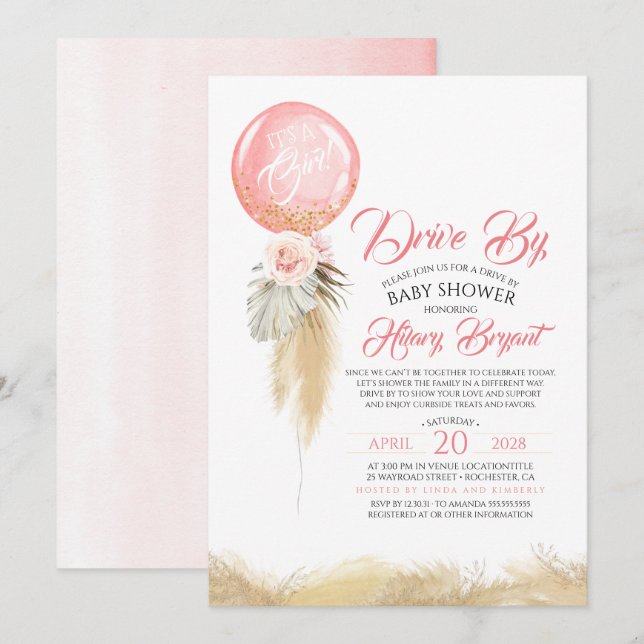 Pampas Grass Pink Ballon Drive By Baby Shoower Einladung (Vorne/Hinten)