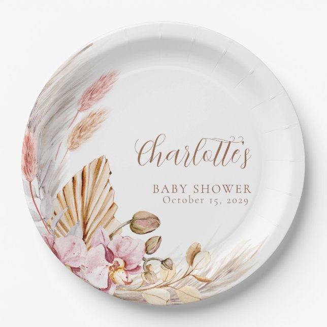 Pampas Grass Pink Brown Floral | Babydusche Pappteller (Vorderseite)