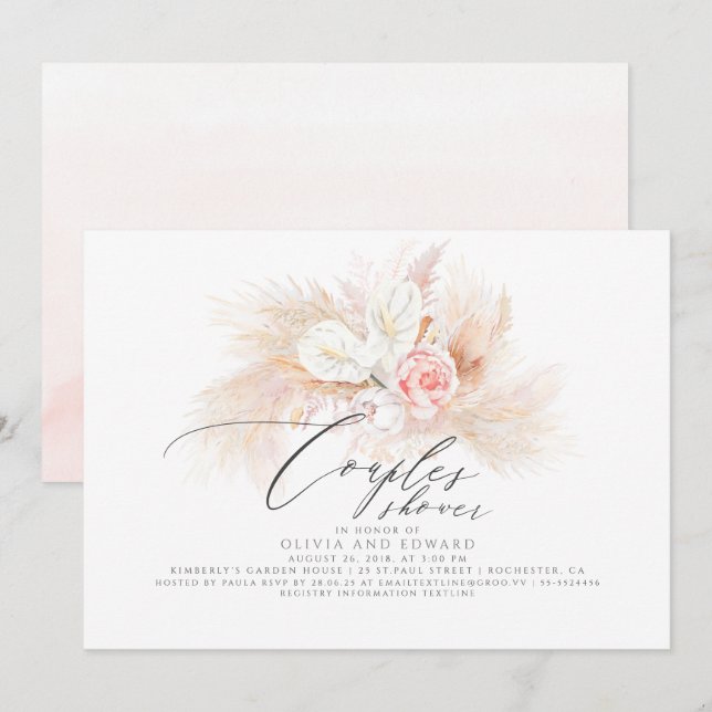 Pampas Grass Pink Floral Exotic Paare Dusche Einladung (Vorne/Hinten)