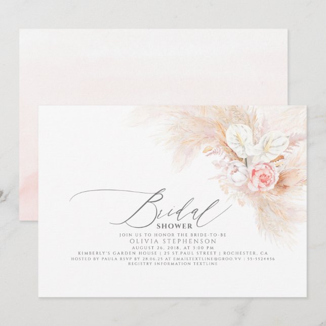 Pampas Grass Pink Floral Exotisches Brautparty Einladung (Vorne/Hinten)