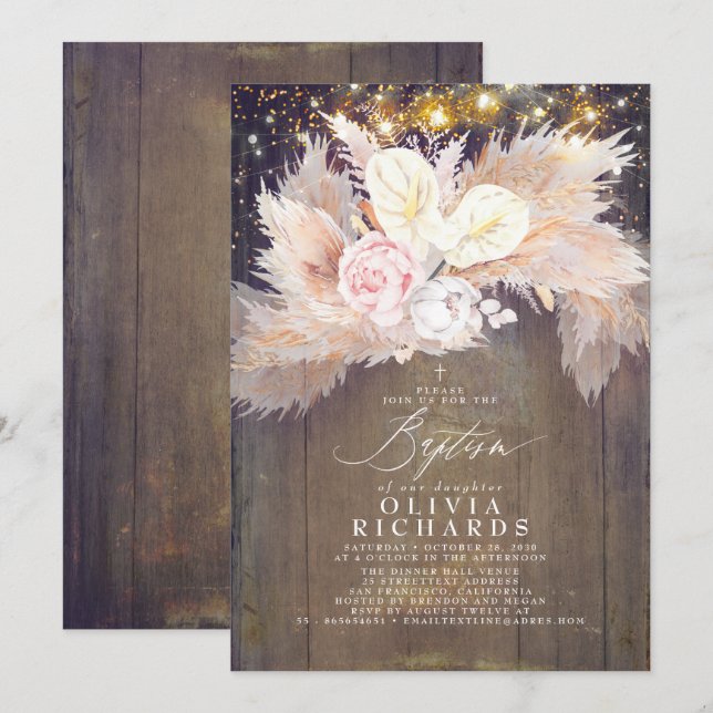 Pampas Grass Pink Floral Rustikale Taufe Einladung (Vorne/Hinten)