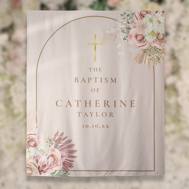 Pampas Grass Pink Gold Arch Taufe Foto Hintergrund Wandteppich (Pampas Grass Pink Gold Arch Baptism Photo Backdrop)