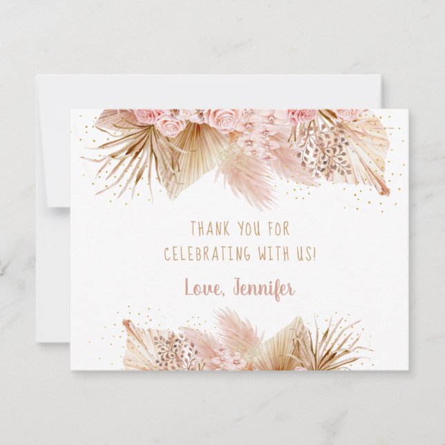 Pampas Grass Pink Gold Floral Baby Dusche Dankeskarte (Vorderseite)