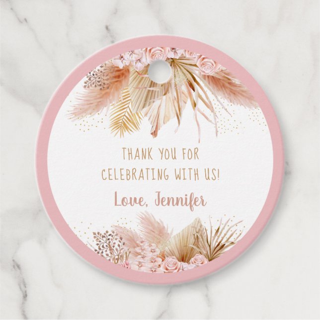 Pampas Grass Pink Gold Floral Baby Dusche Geschenkanhänger (Vorderseite)