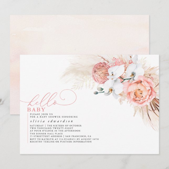 Pampas Grass Pink Hello Baby Girl Dusche Einladung (Vorne/Hinten)