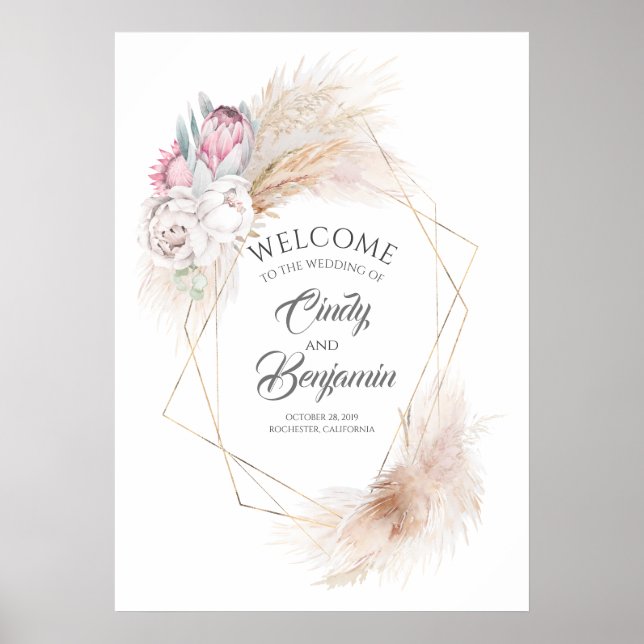 Pampas Grass Pink King Protea Chic Hochzeit Empfan Poster (Vorne)