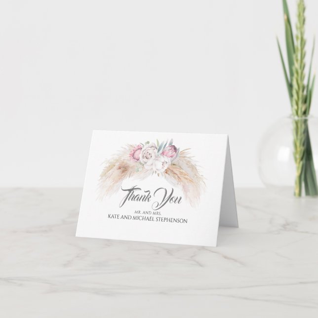 Pampas Grass Pink King Protea Wedding Vielen Dank Dankeskarte (Vorderseite)