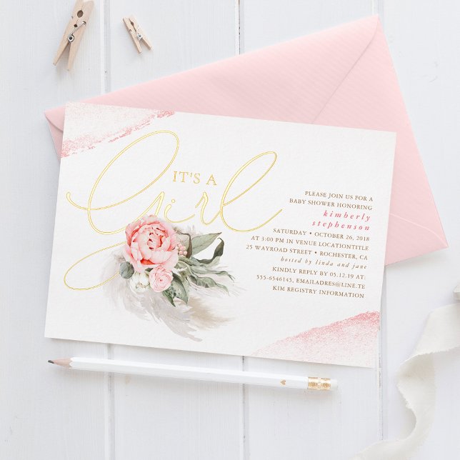 Pampas Grass Pink Niedliche Babydusche Real Folieneinladung (Von Creator hochgeladen)