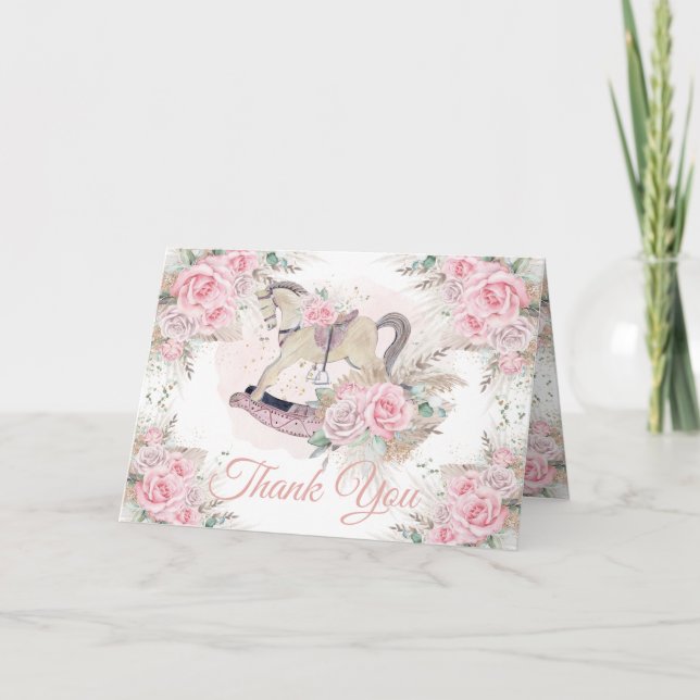 Pampas Grass Pink Rocking Horse Kinderdusche Dankeskarte (Vorderseite)