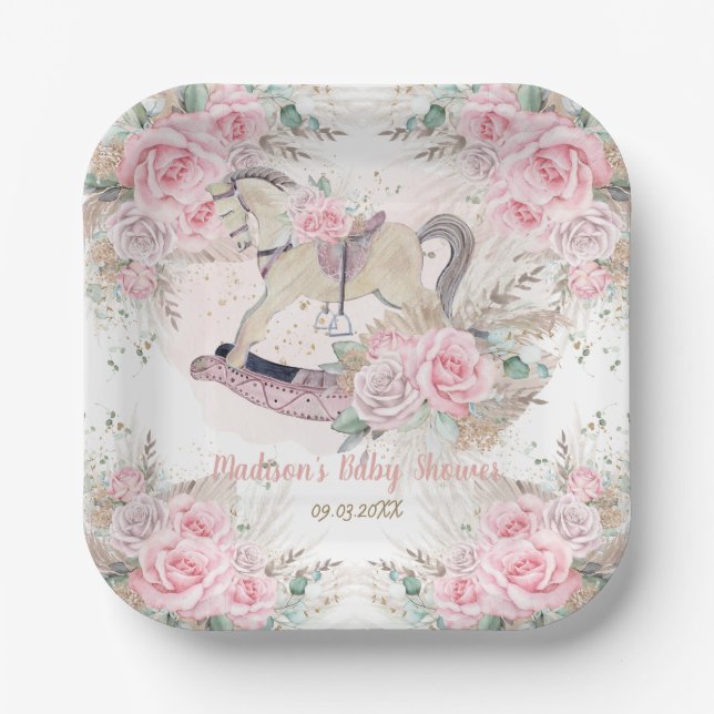 Pampas Grass Pink Rocking Horse Kinderdusche Pappteller (Vorderseite)