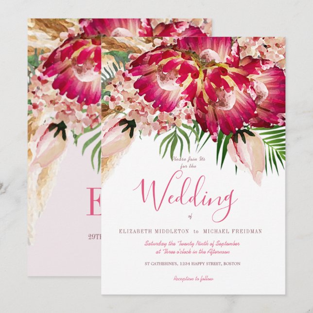 Pampas Grass Protea Floral Moderne rosa Hochzeit Einladung (Vorne/Hinten)