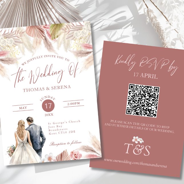 Pampas Grass QR Code in einer Boho Hochzeit Einladung (Von Creator hochgeladen)