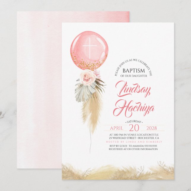 Pampas Grass Rosa Floral Ballon Taufe Einladung (Vorne/Hinten)