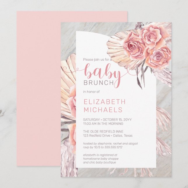 Pampas Grass |Rosa Rose Blooms Girl Babybrunch in Einladung (Vorne/Hinten)