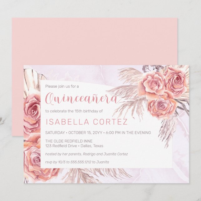 Pampas Grass |Rosa Rosenblüten 15. Quinceañera in Einladung (Vorne/Hinten)